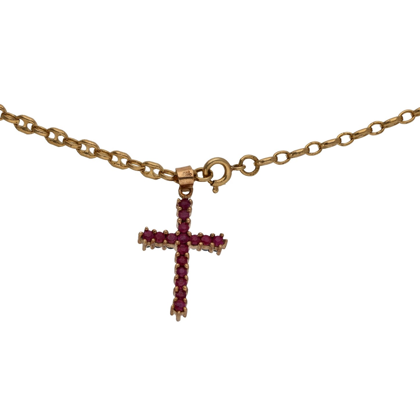 9ct Gold Sapphire & Ruby Cross Pendant With Chain