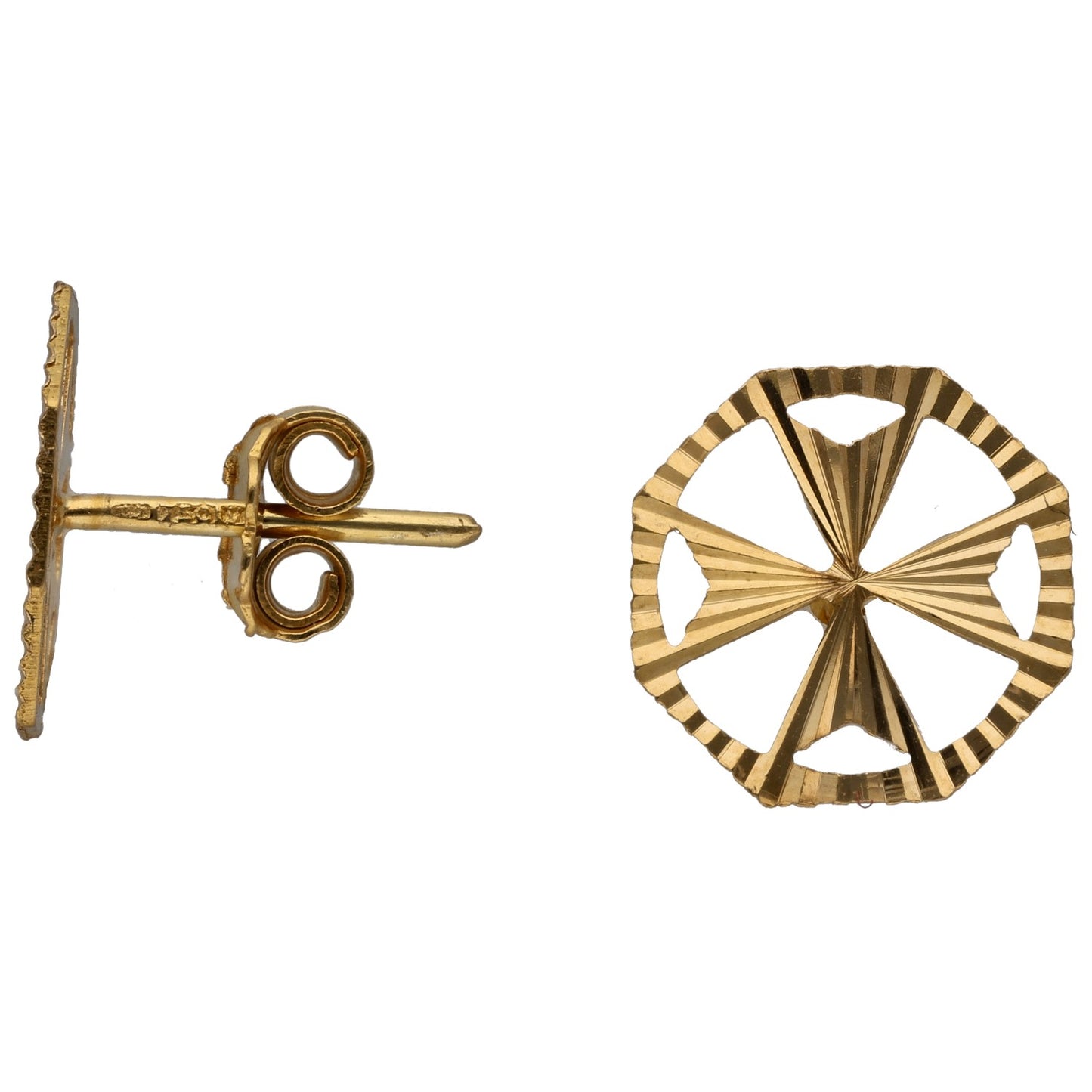 18ct gold stud earrings with round faceted design and ridged edge