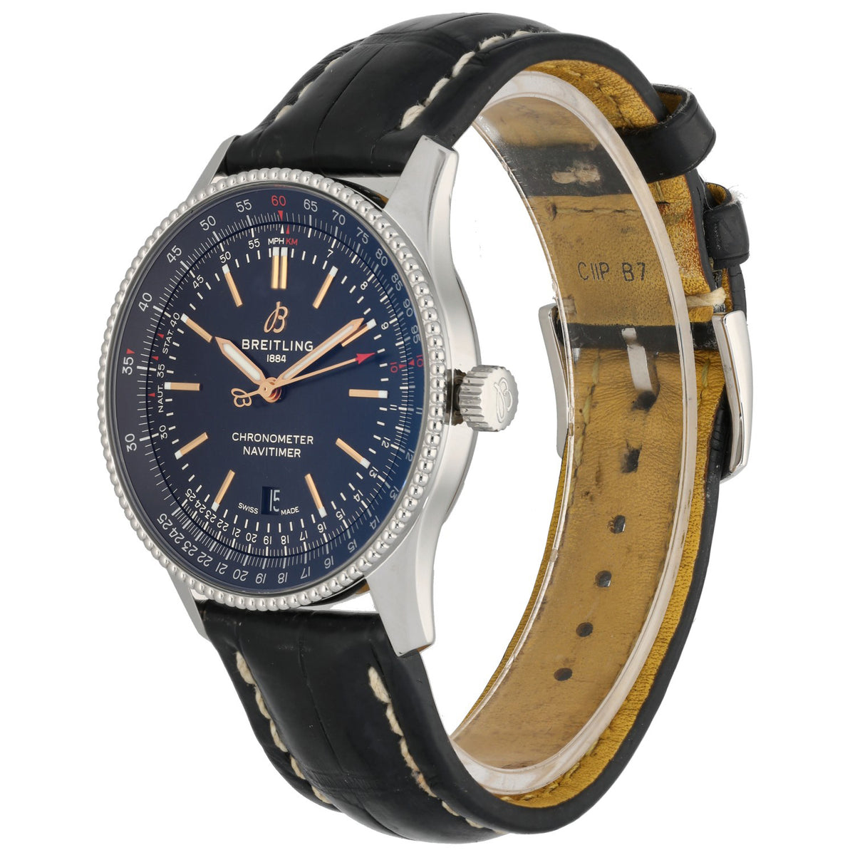Breitling Navitimer A17326 Stainless steel watch case with black dial and black leather strap, side profile view