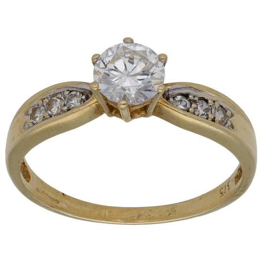 9ct Gold Cubic Zirconia Single Stone Ring with Accent Stones Size Q