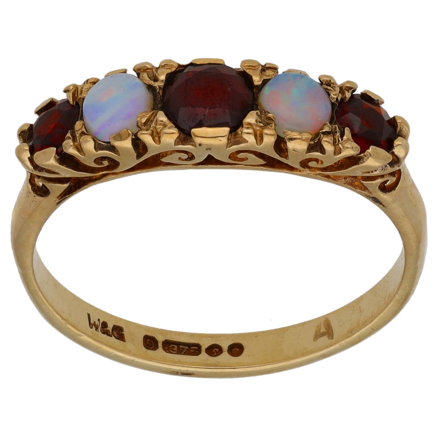 9ct Gold Garnet & Opal Half Eternity Ring Size O