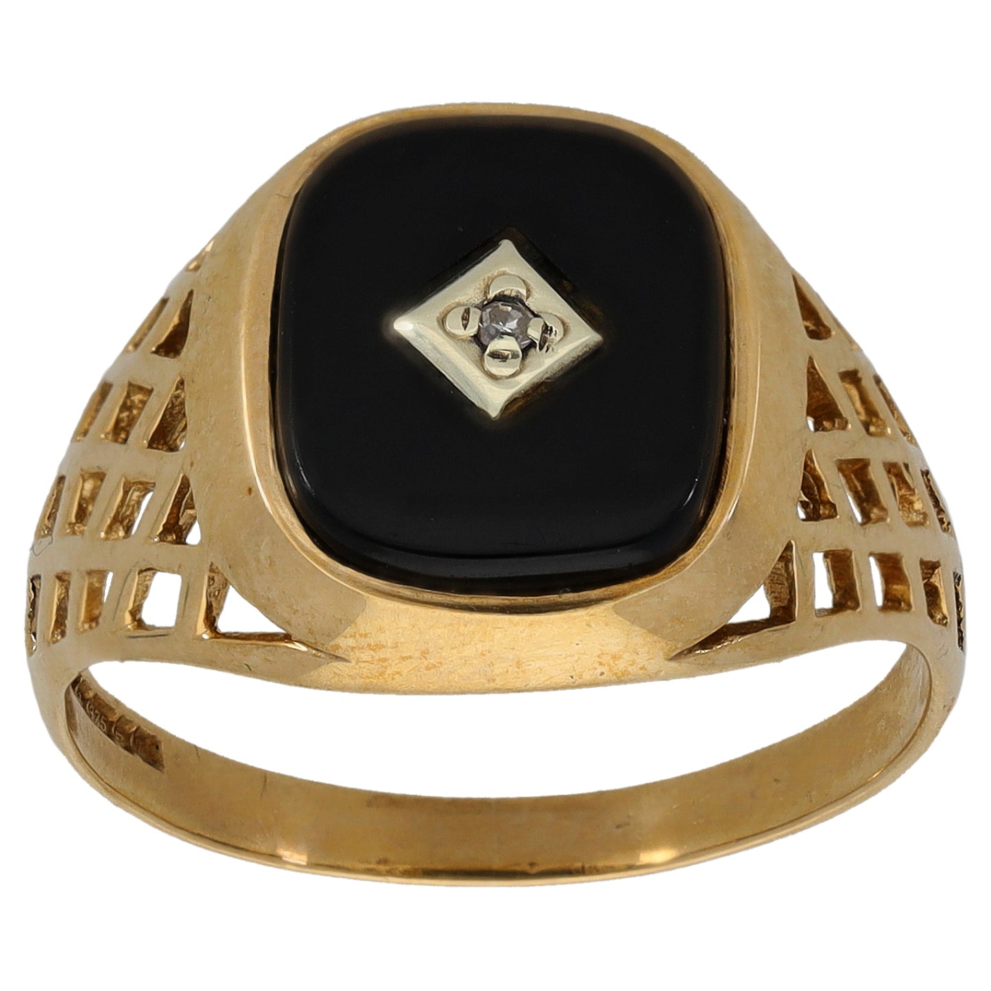9ct Gold Onyx & 0.005ct Diamond Patterned Signet Ring Size S