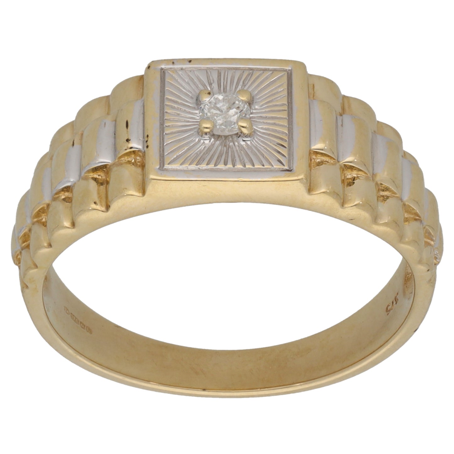 9ct Bi-Colour Gold 0.08ct Diamond Patterned Signet Ring Size V