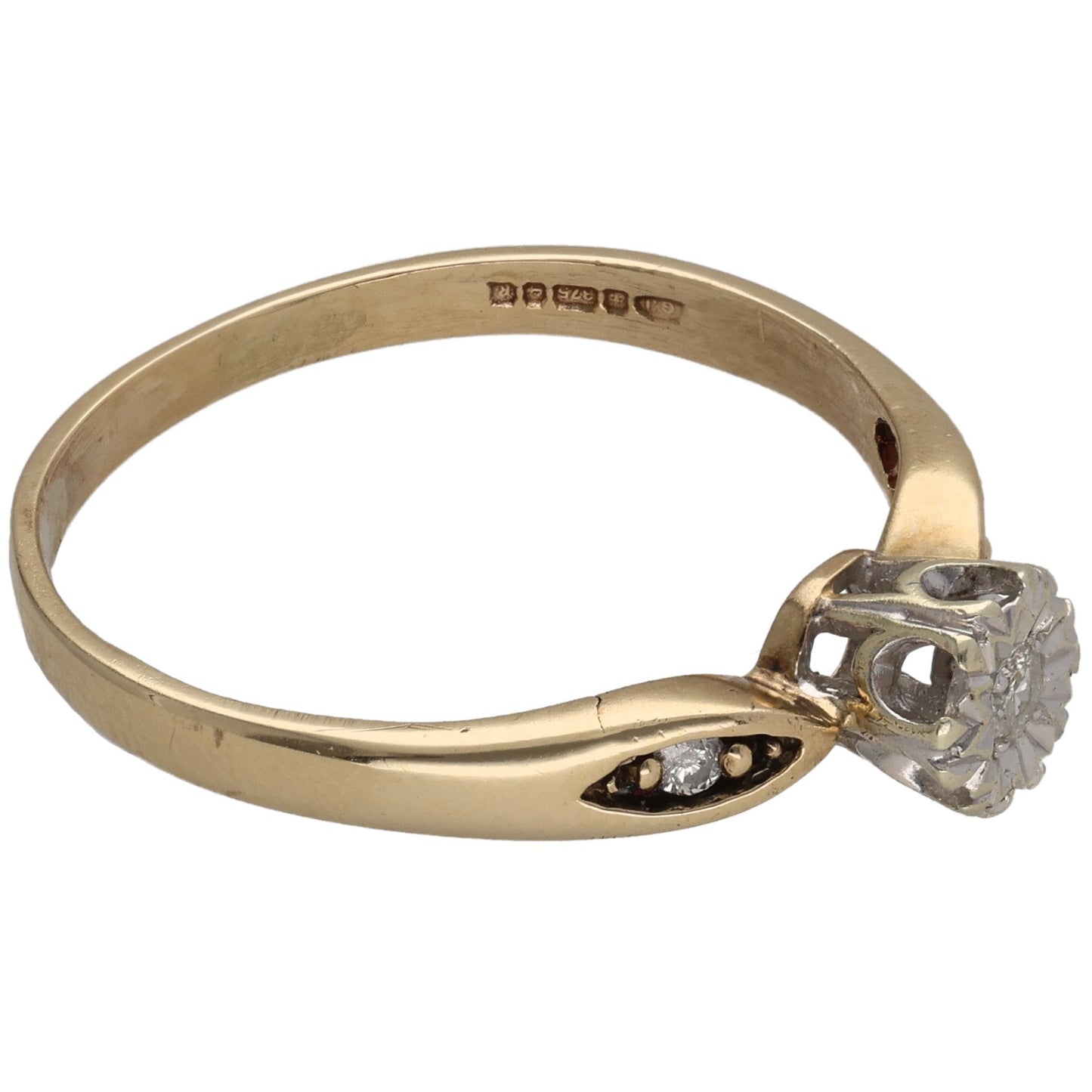 9ct Gold 0.10ct Diamond Solitaire Ring With Accent Stones Size V