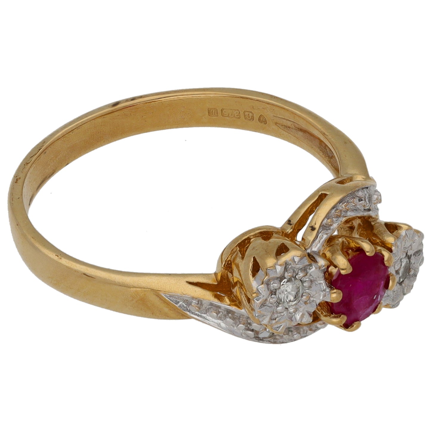 9ct Gold Ruby & 0.02ct Diamond Trilogy Ring Size M