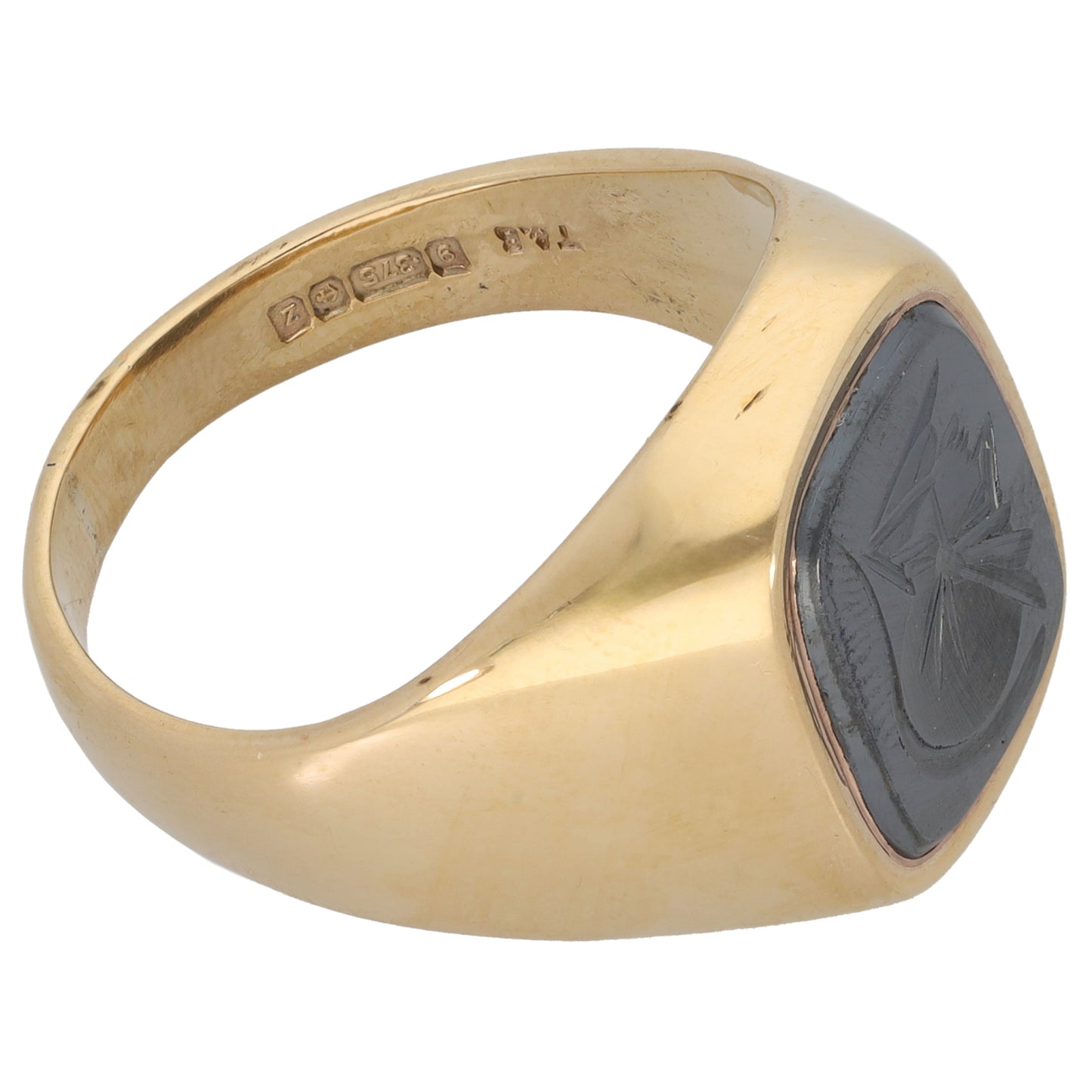 9ct Gold Hematite Crest/Emblem Signet Ring Size X