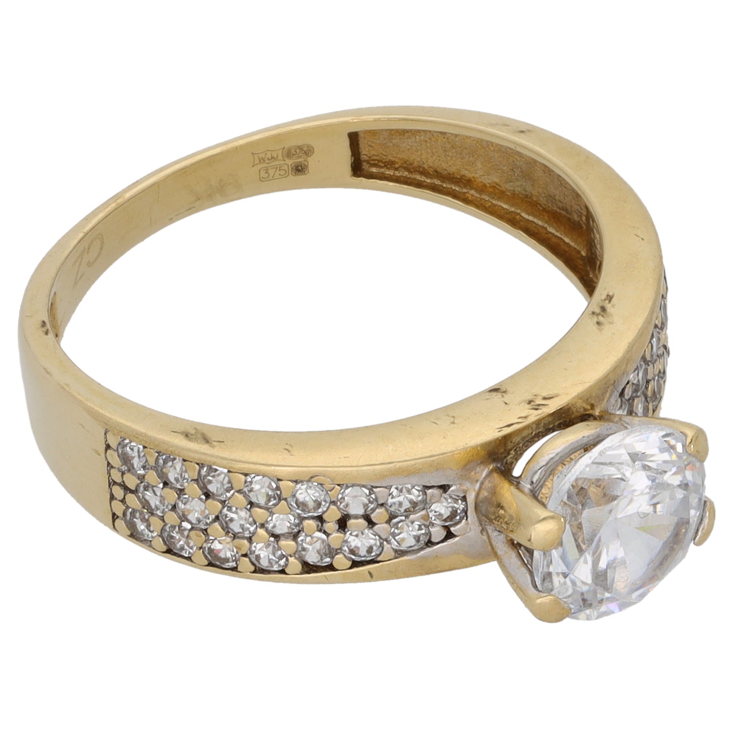 9ct Gold Cubic Zirconia Single Stone Ring with Accent Stones Size M