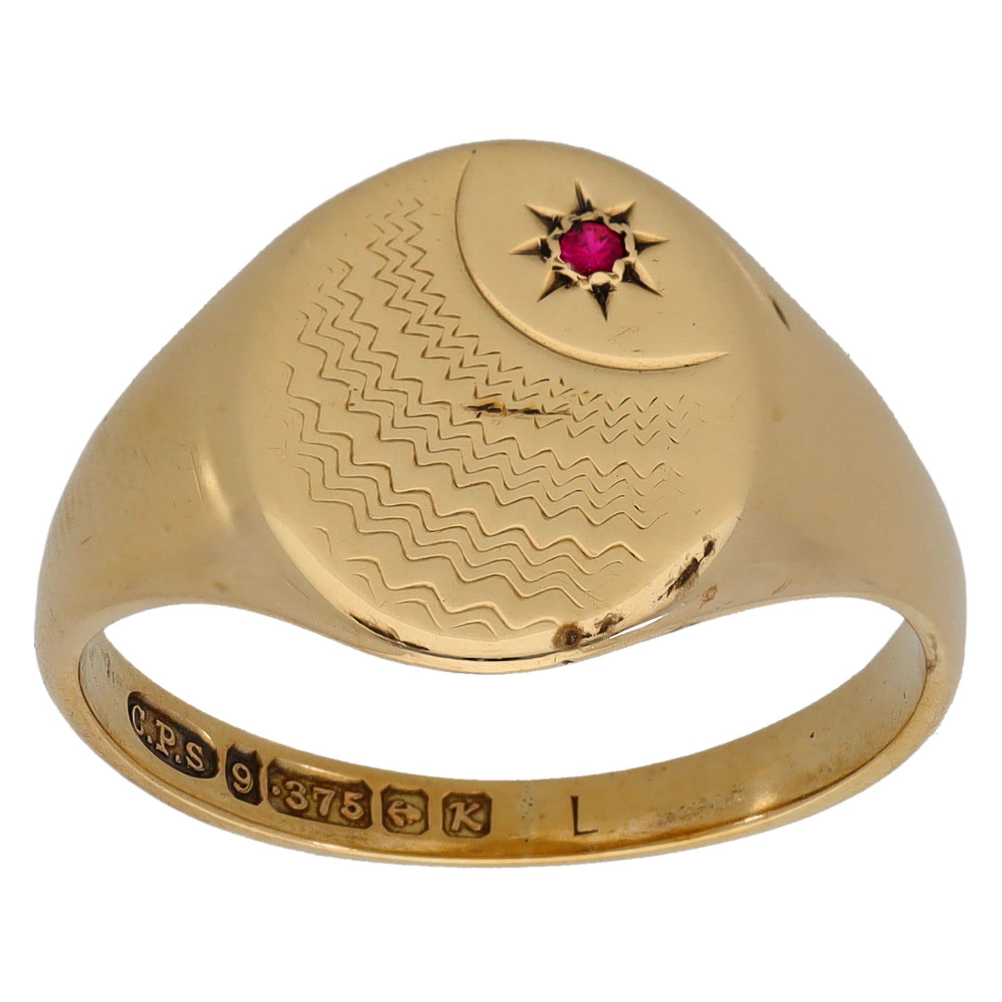 9ct Gold Ruby Patterned Single Stone Signet Ring Size P