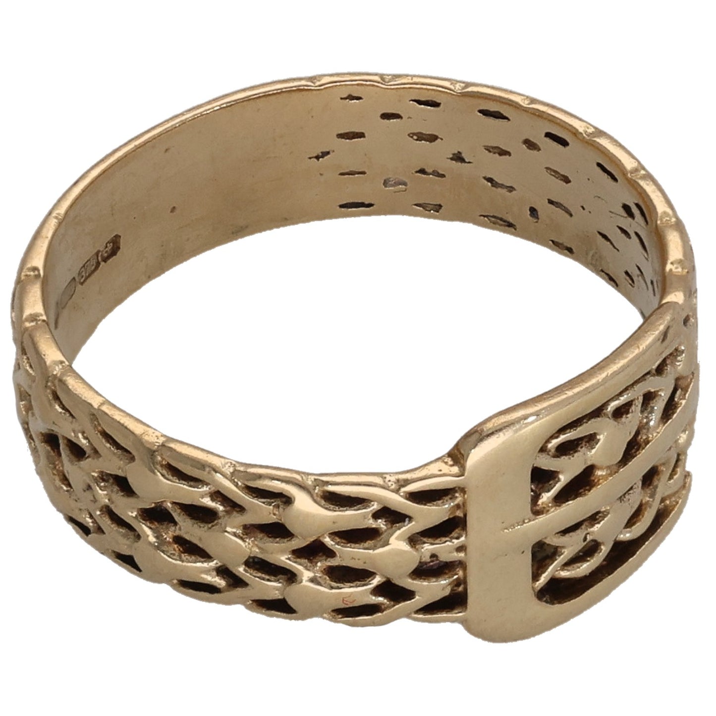 9ct gold buckle ring with openwork lattice panels and smooth inner band