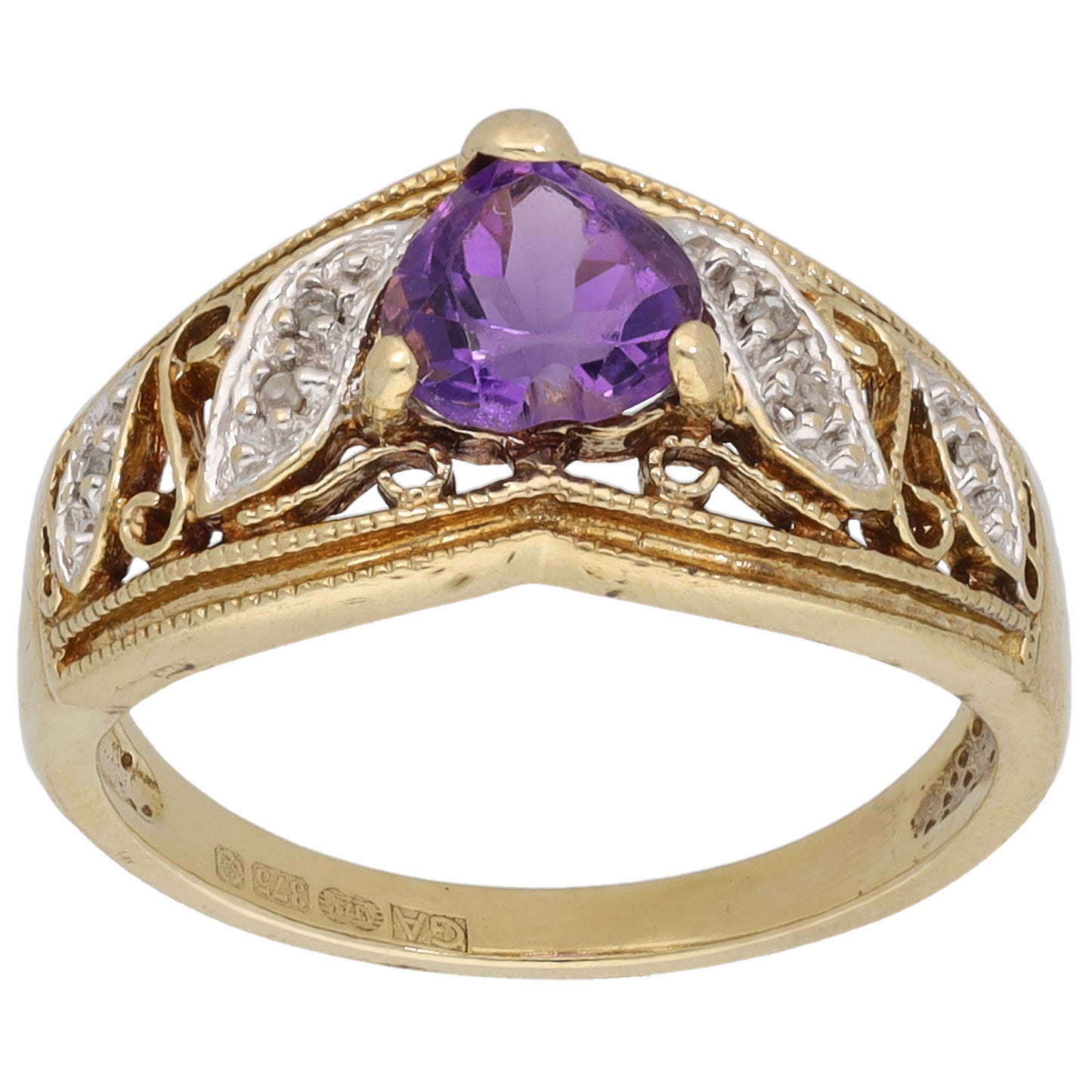 9ct Gold Amethyst & 0.03ct Diamond Dress/Cocktail Ring Size M