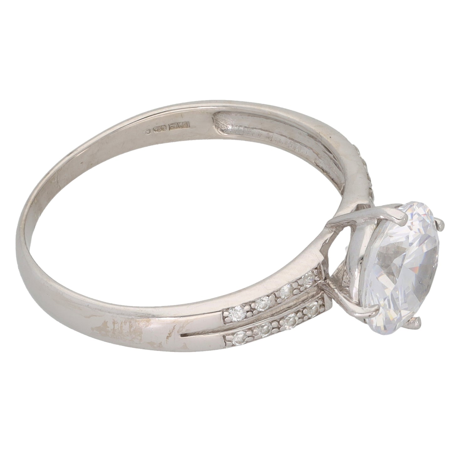 9ct White Gold Cubic Zirconia Single Stone Ring with Accent Stones Size Q