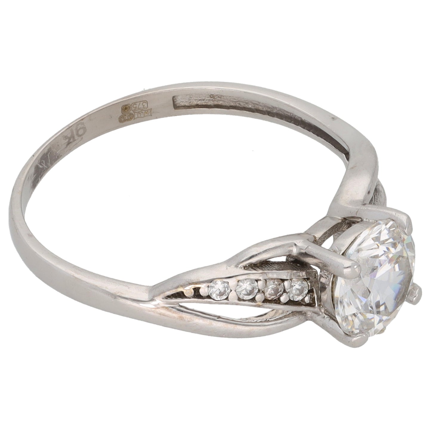 9ct White Gold Cubic Zirconia Single Stone Ring with Accent Stones Size O
