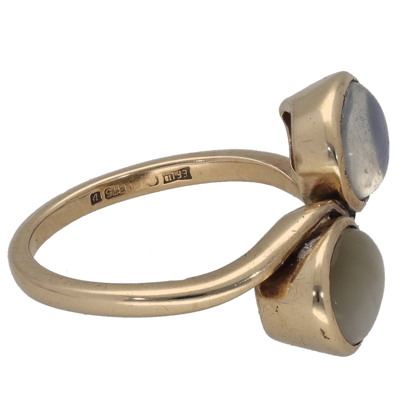 9ct Gold Moonstone & Chrysoberyl Two Stone Ring Size K