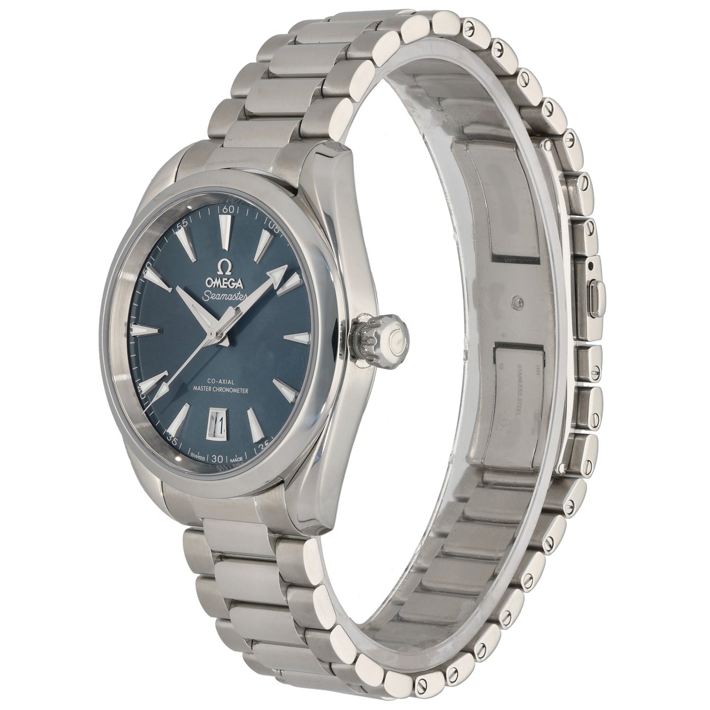 Stainless steel Omega Seamaster 220.10.38.20.03.003 watch with blue dial, crown and links bracelet, side view