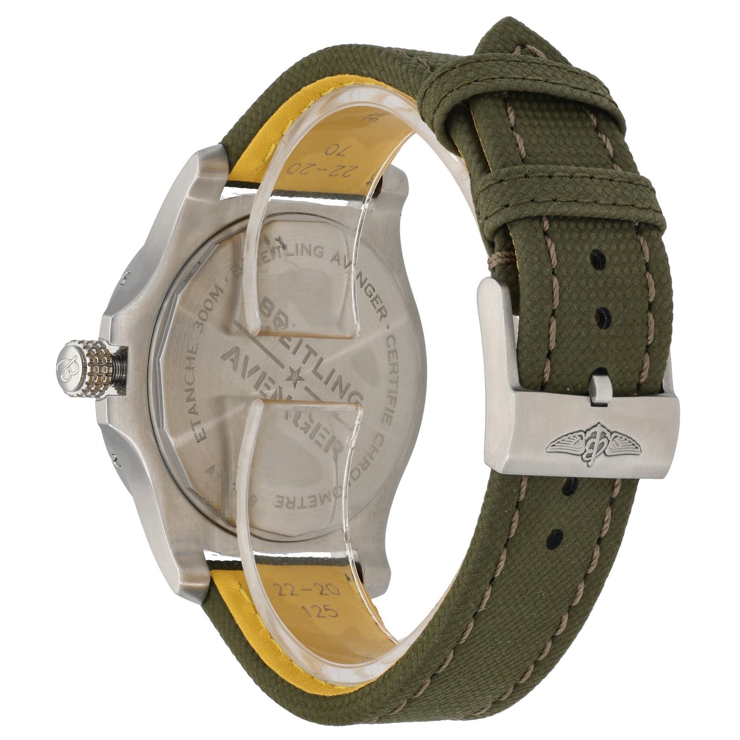 Breitling Avenger A17318, with grey dial and a khaki green fabric/nato bracelet. rear angle image showing the case and clasp