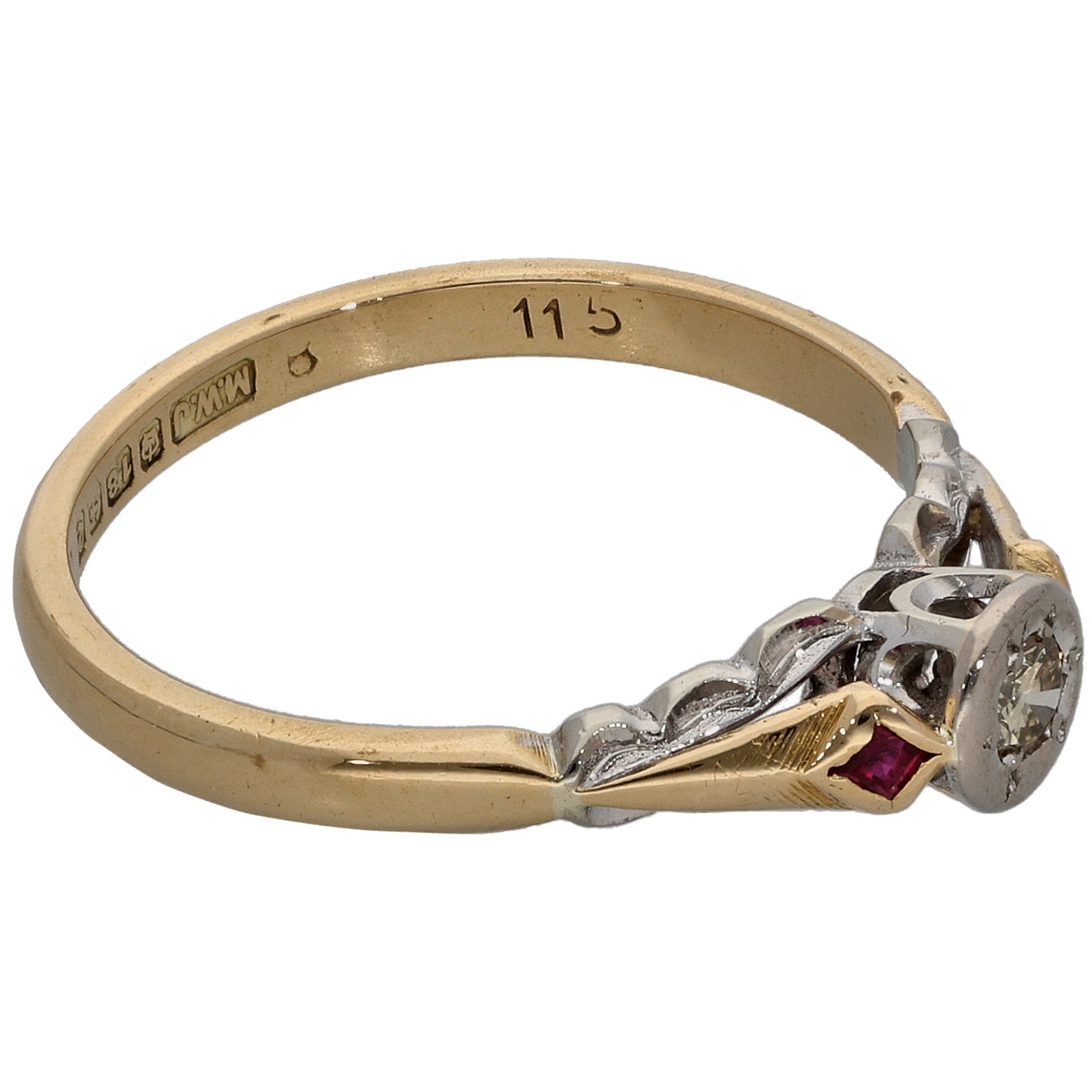 18ct Bi-Colour Gold Ruby & 0.07ct Diamond Solitaire Ring With Accent Stones Size N