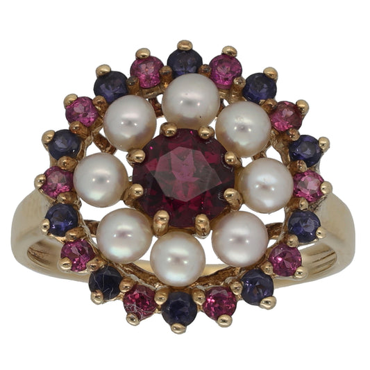 9ct Gold Garnet, Cultured Pearl & Iolite Dress/Cocktail Ring Size R