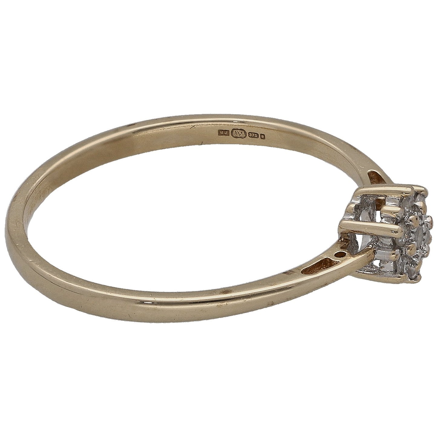 9ct gold diamond cluster ring, round stones in square setting, side view, size O