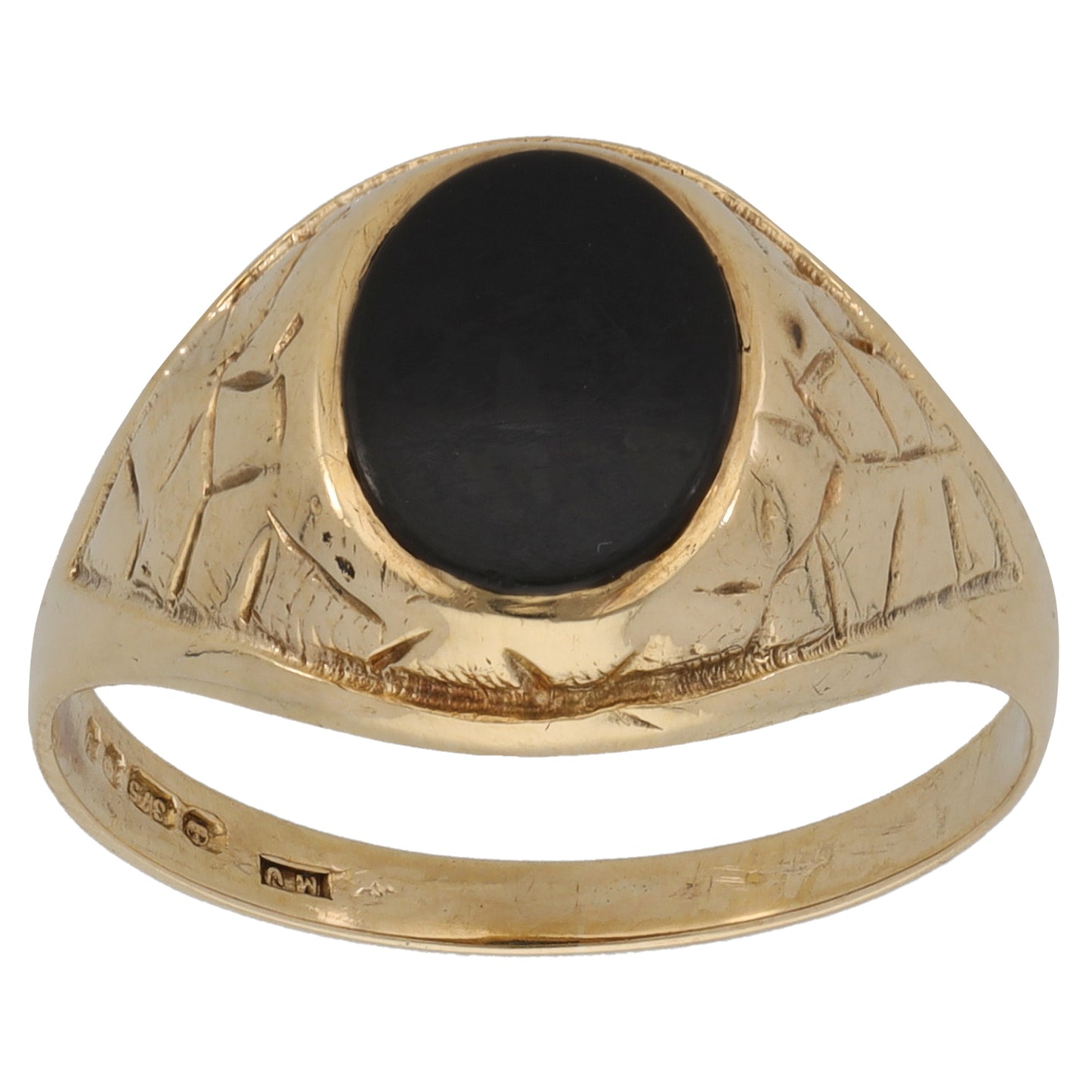 9ct Gold Onyx Patterned Signet Ring Size R