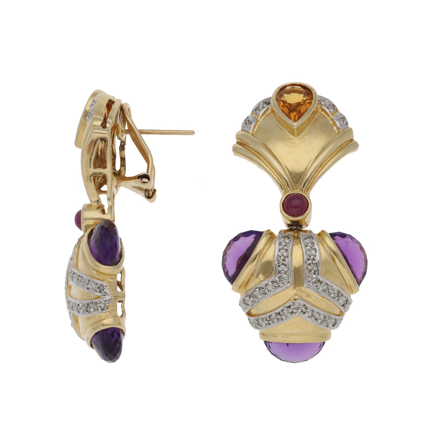 14ct Gold 0.31ct Diamond & Amethyst & Citrine & Ruby Dress/Cocktail Earrings