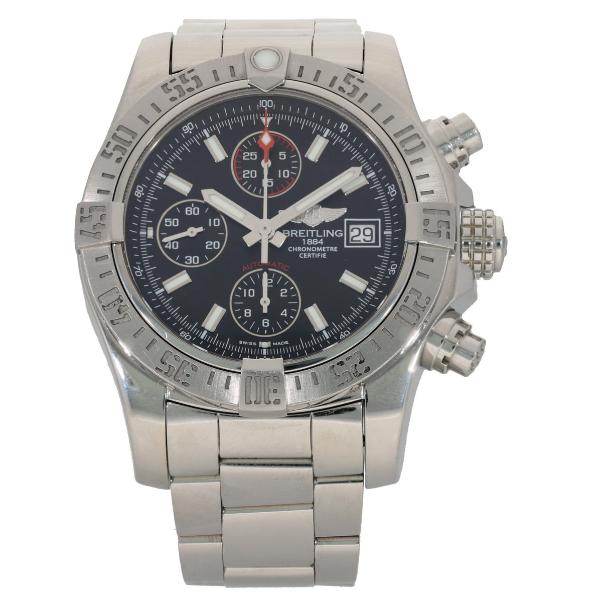 Breitling Avenger II A13381 Stainless steel chronograph watch with black dial, red accents, three subdials, bracelet