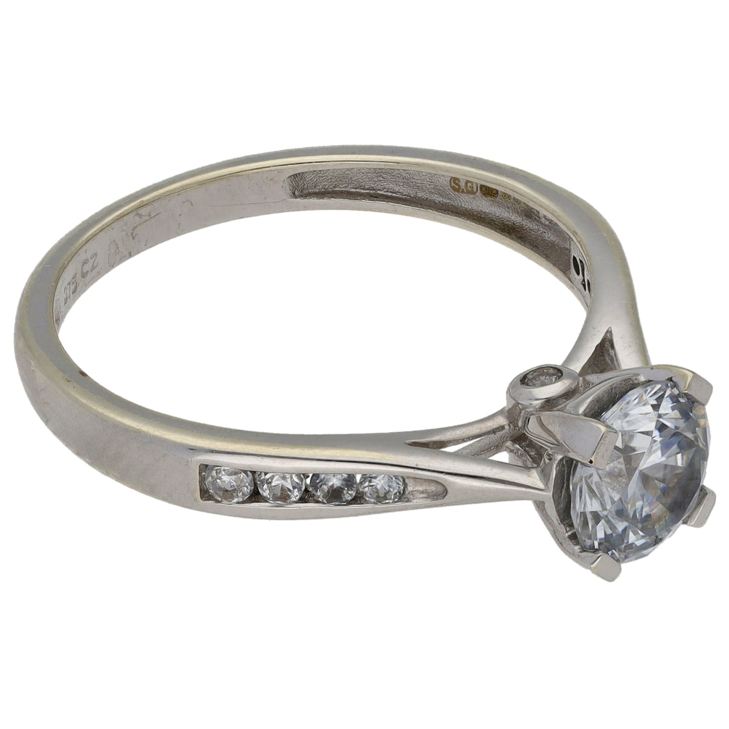 9ct White Gold Cubic Zirconia Single Stone Ring with Accent Stones Size P
