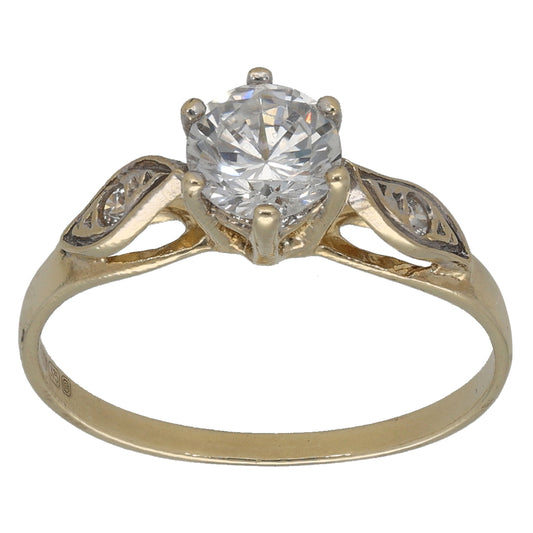 9ct Gold Cubic Zirconia Single Stone Ring with Accent Stones Size P