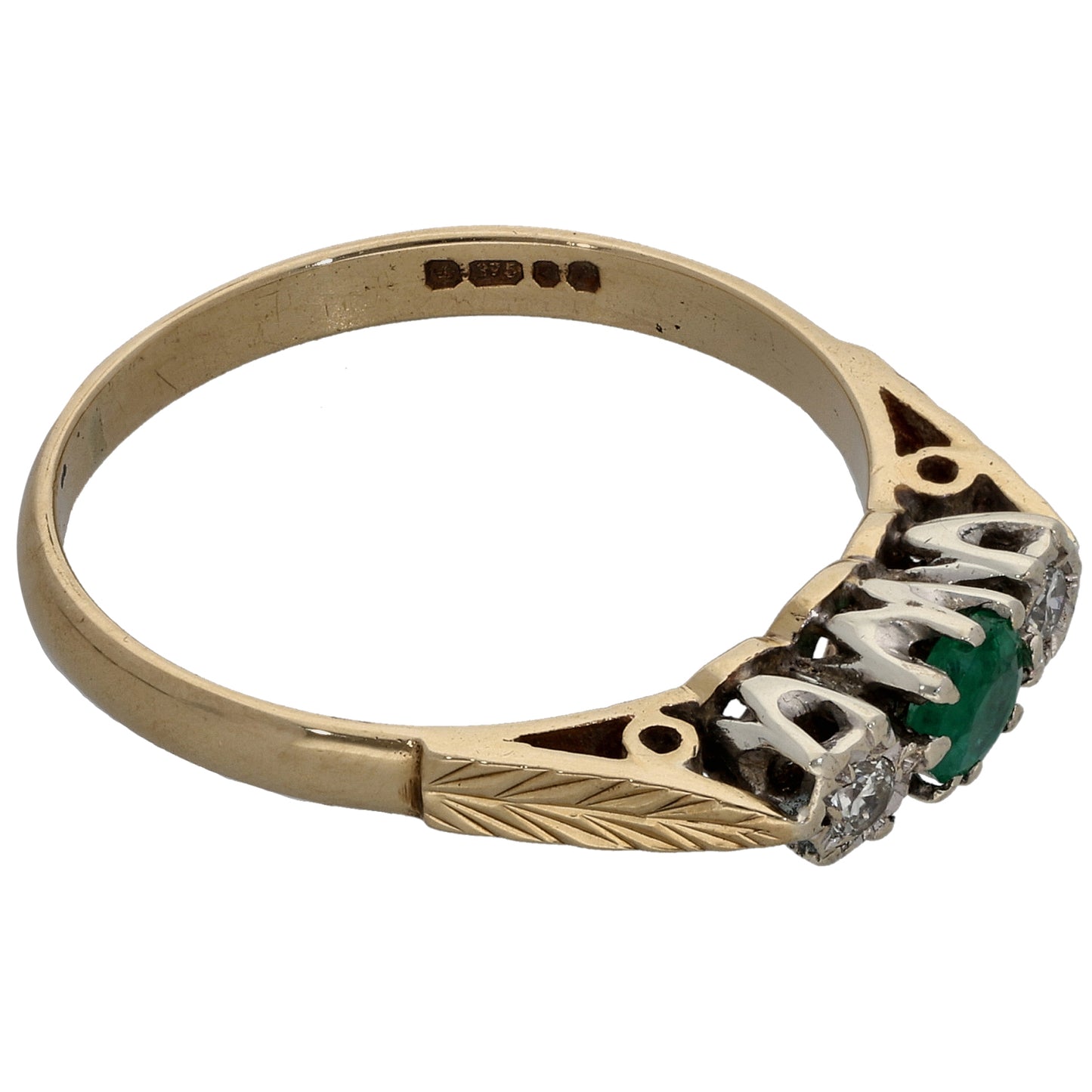 9ct Gold 0.04ct Diamond & Emerald Three Stone Ring Size N