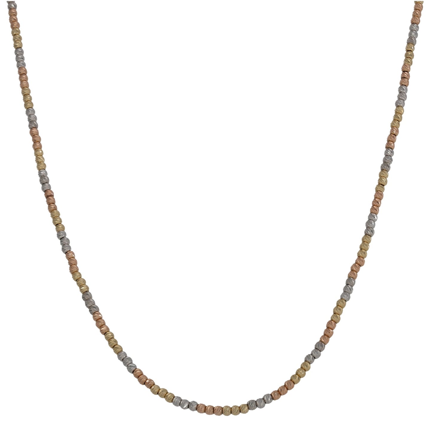 Tricolor gold beaded chain necklace, 18" length with small rounded links