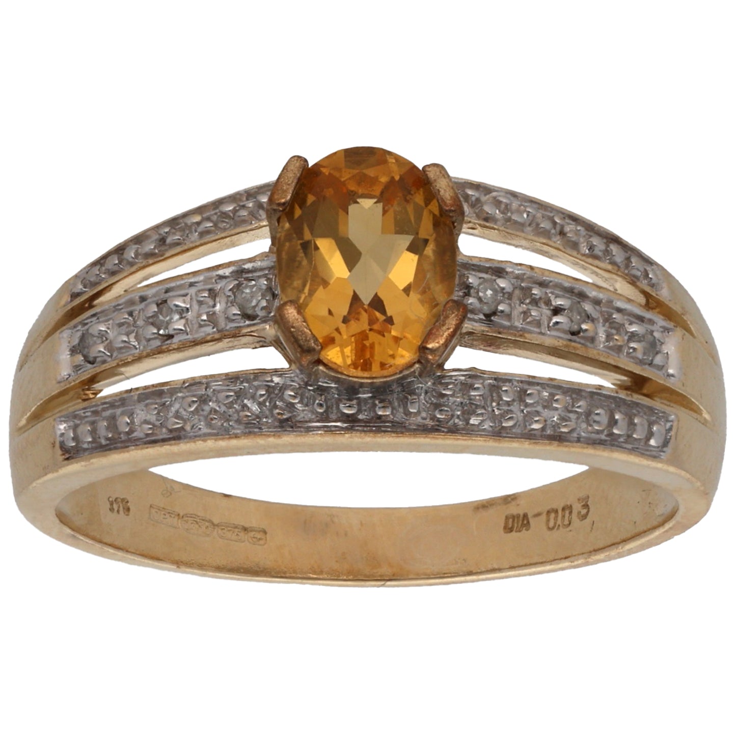 9ct Gold Citrine & 0.03ct Diamond Dress/Cocktail Ring Size P