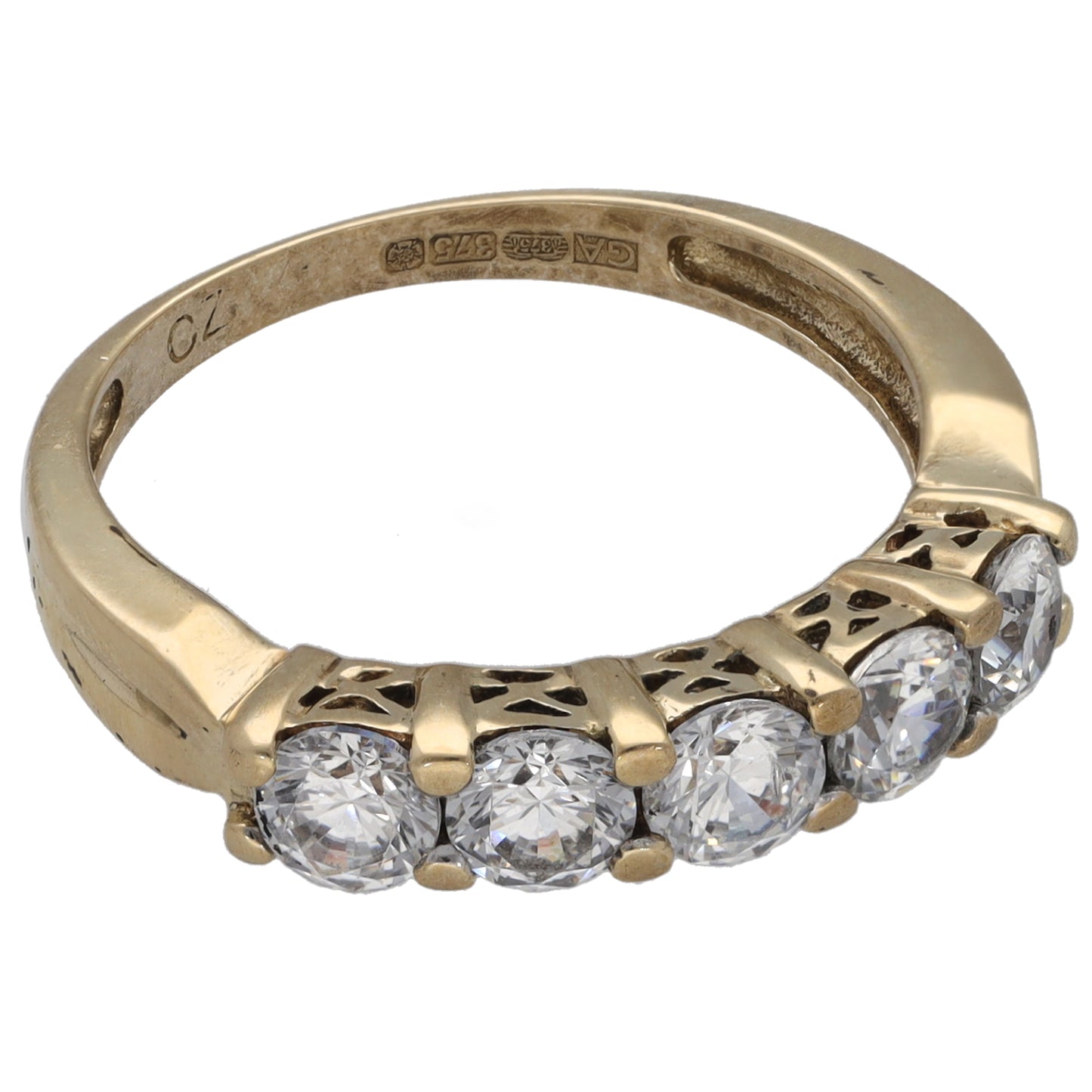 9ct gold half-eternity CZ ring with hallmarks inside and five round stones