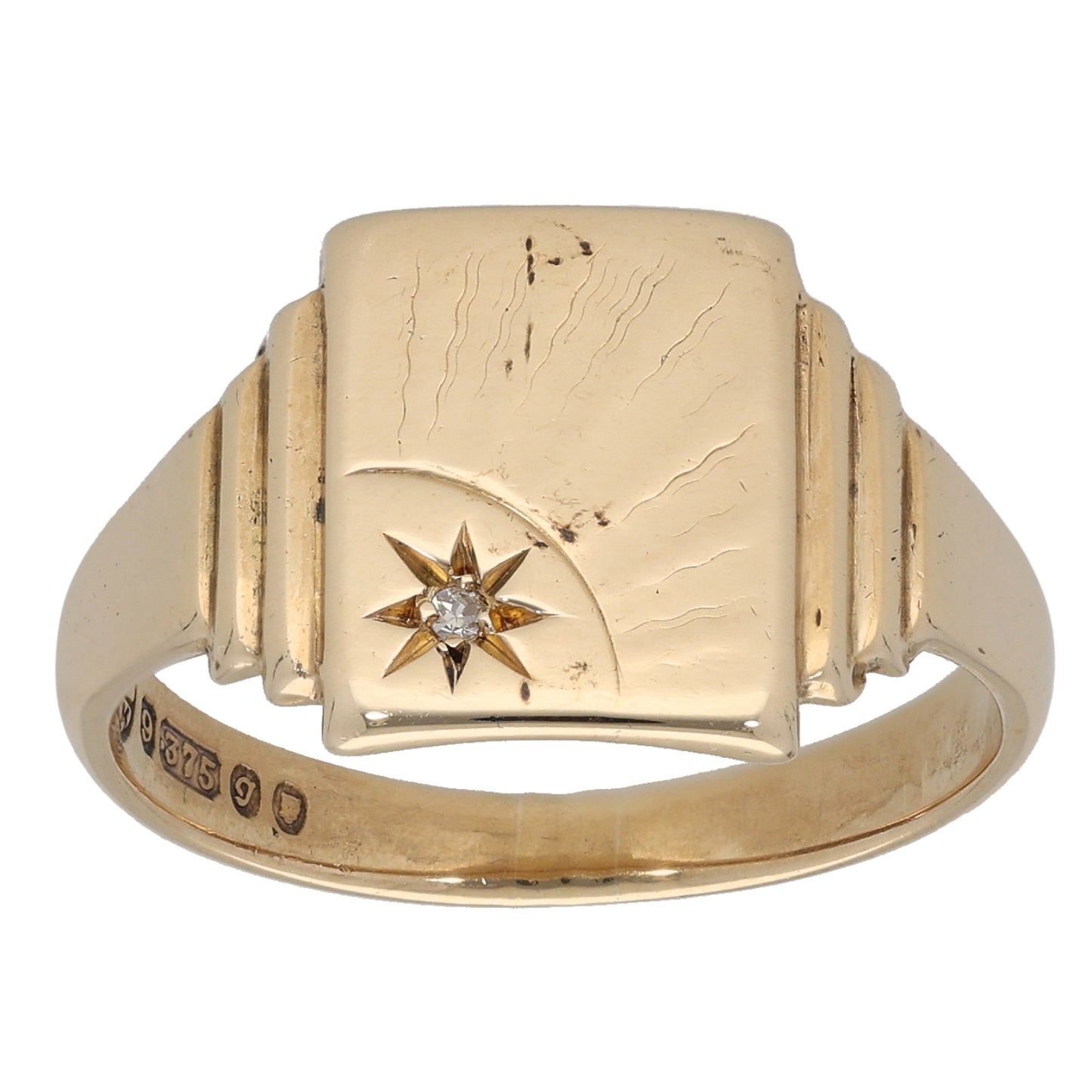 9ct Gold 0.01ct Diamond Patterned Signet Ring Size T