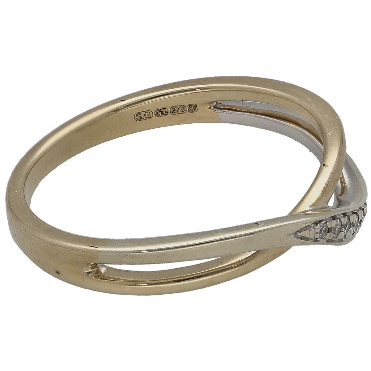 9ct gold dress ring, white inlay with small round diamonds and engraved hallmark, size L
