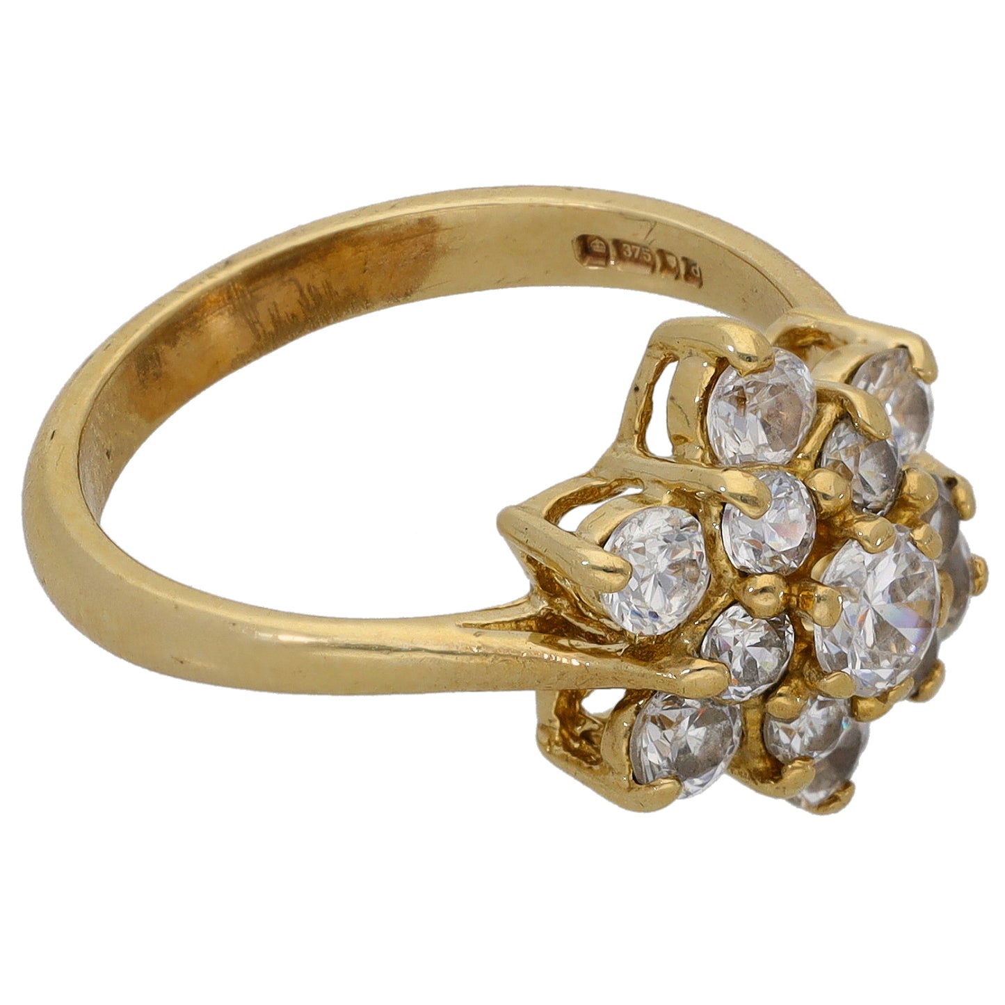 9ct gold CZ cluster ring with oval and round crystal stones, side view