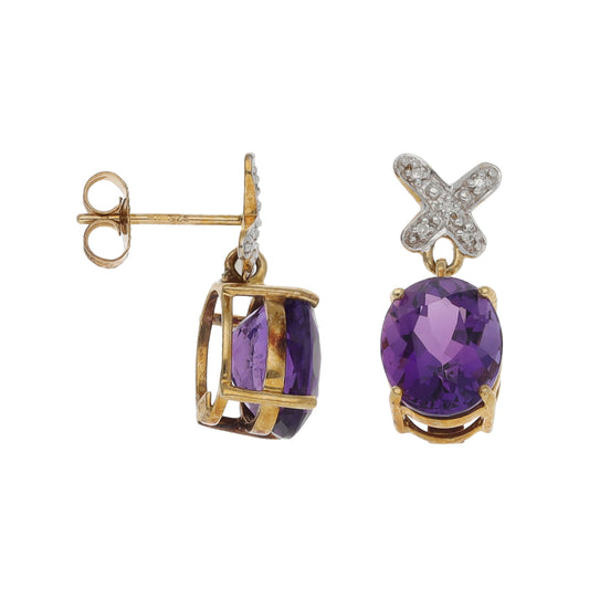9ct Gold Amethyst & 0.05ct Diamond Drop Earrings