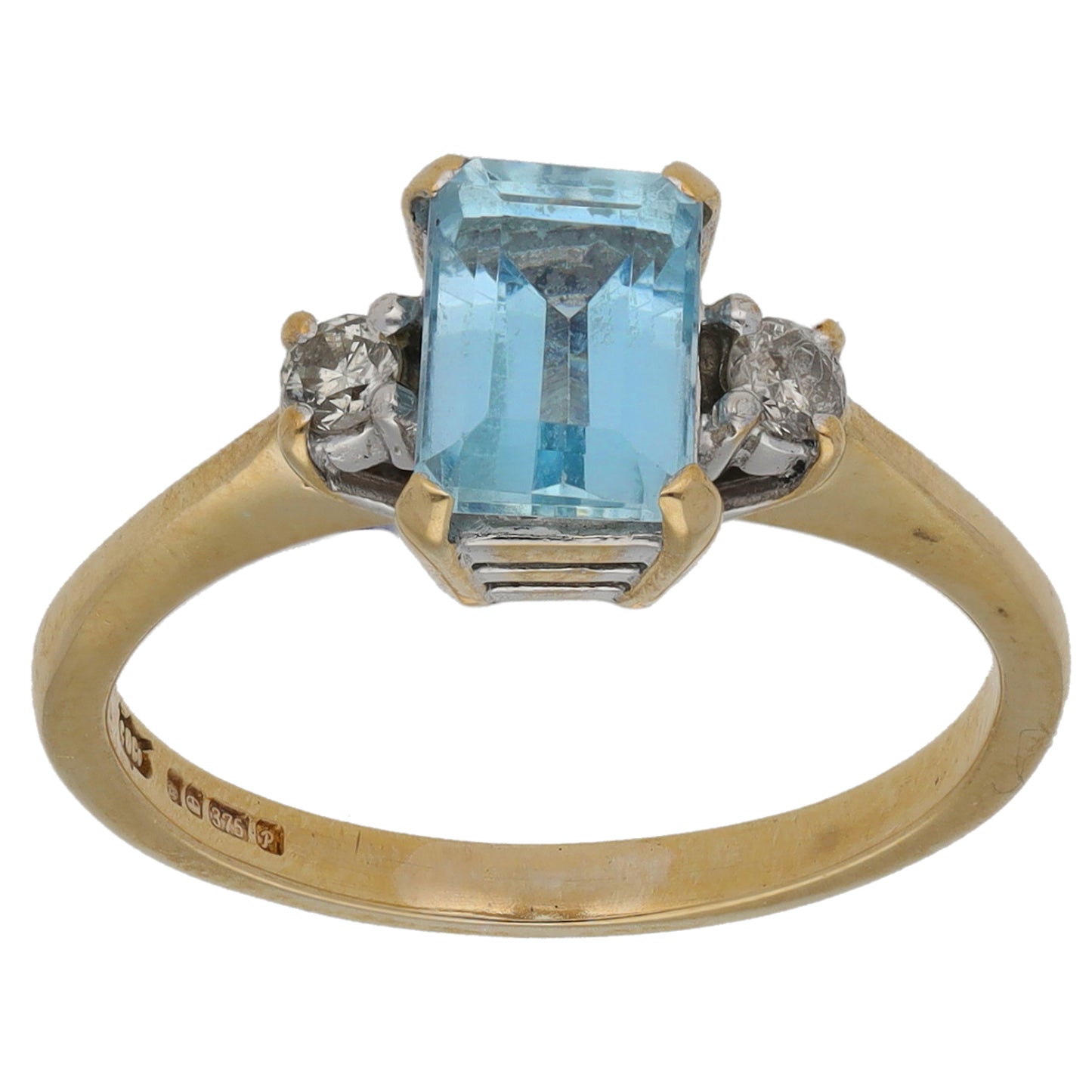 9ct Gold Aquamarine & 0.10ct Diamond Three Stone Ring Size K