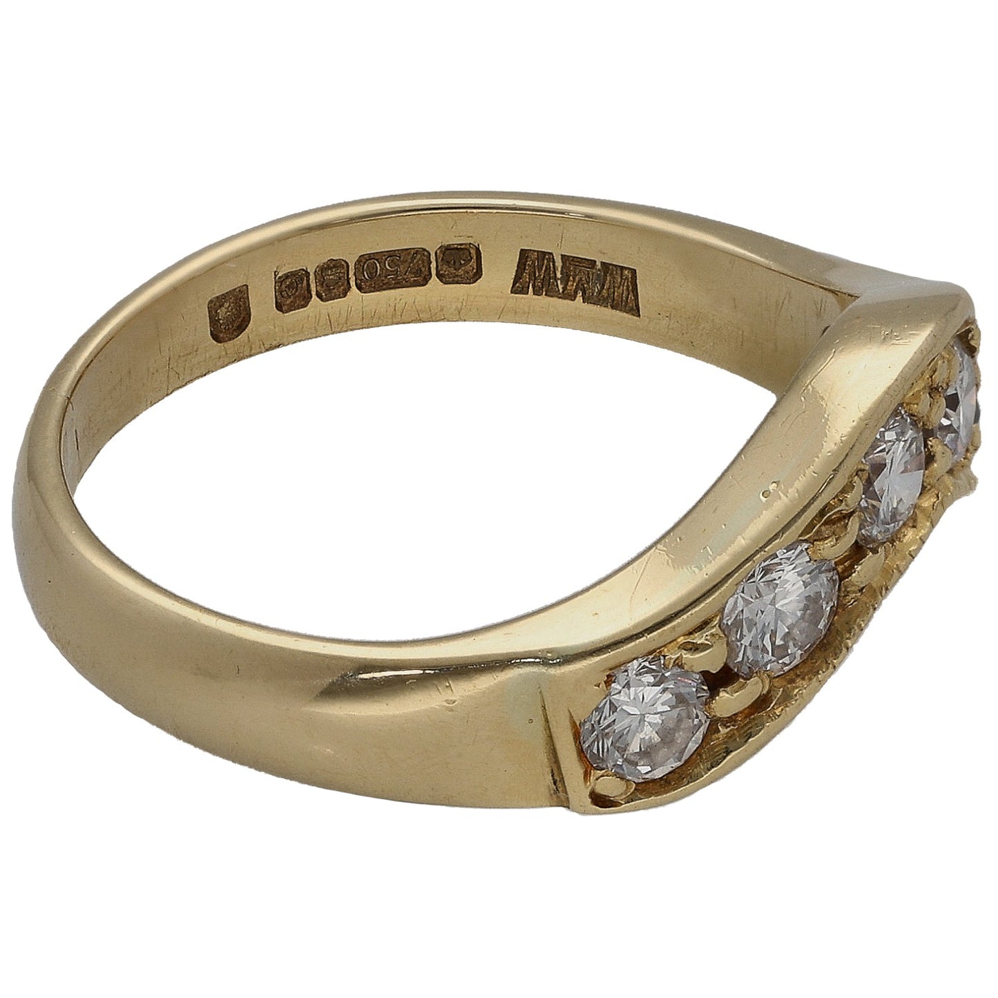 18ct gold wishbone diamond ring, engraved inner band and side round stones