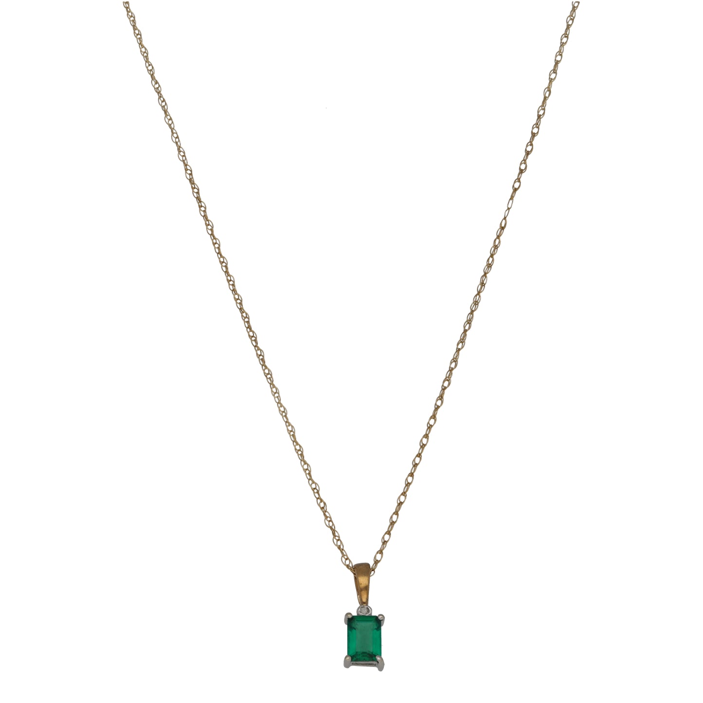 9ct Gold Man Made Emerald & 0.005ct Diamond Dress/Cocktail Pendant With Chain