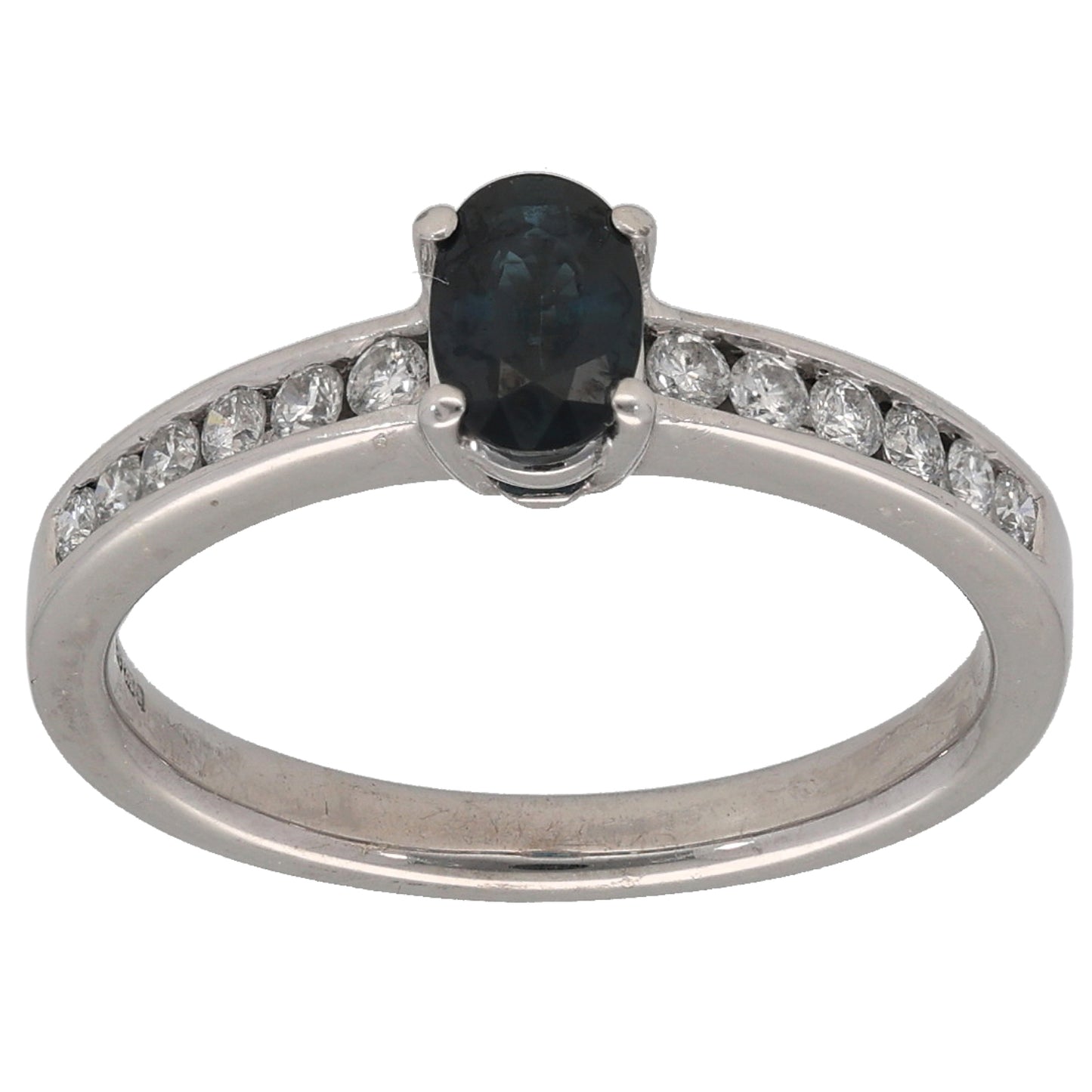 9ct White Gold Sapphire & 0.18ct Diamond Single Stone Ring with Accent Stones Size L