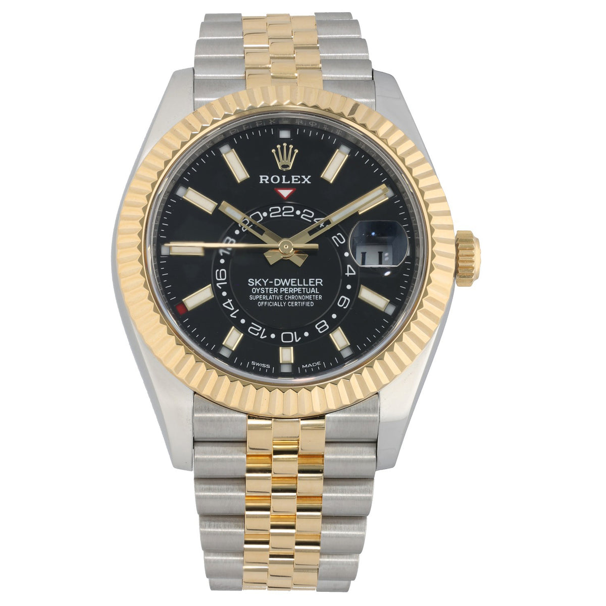 Rolex Sky Dweller 326933, black dial with stainless steel and gold bracelet and case