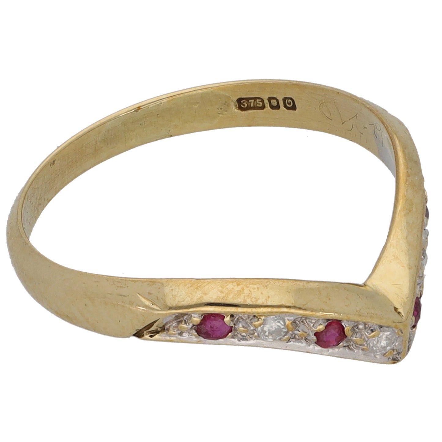 9ct Gold Ruby & 0.04ct Diamond Wishbone Ring Size L