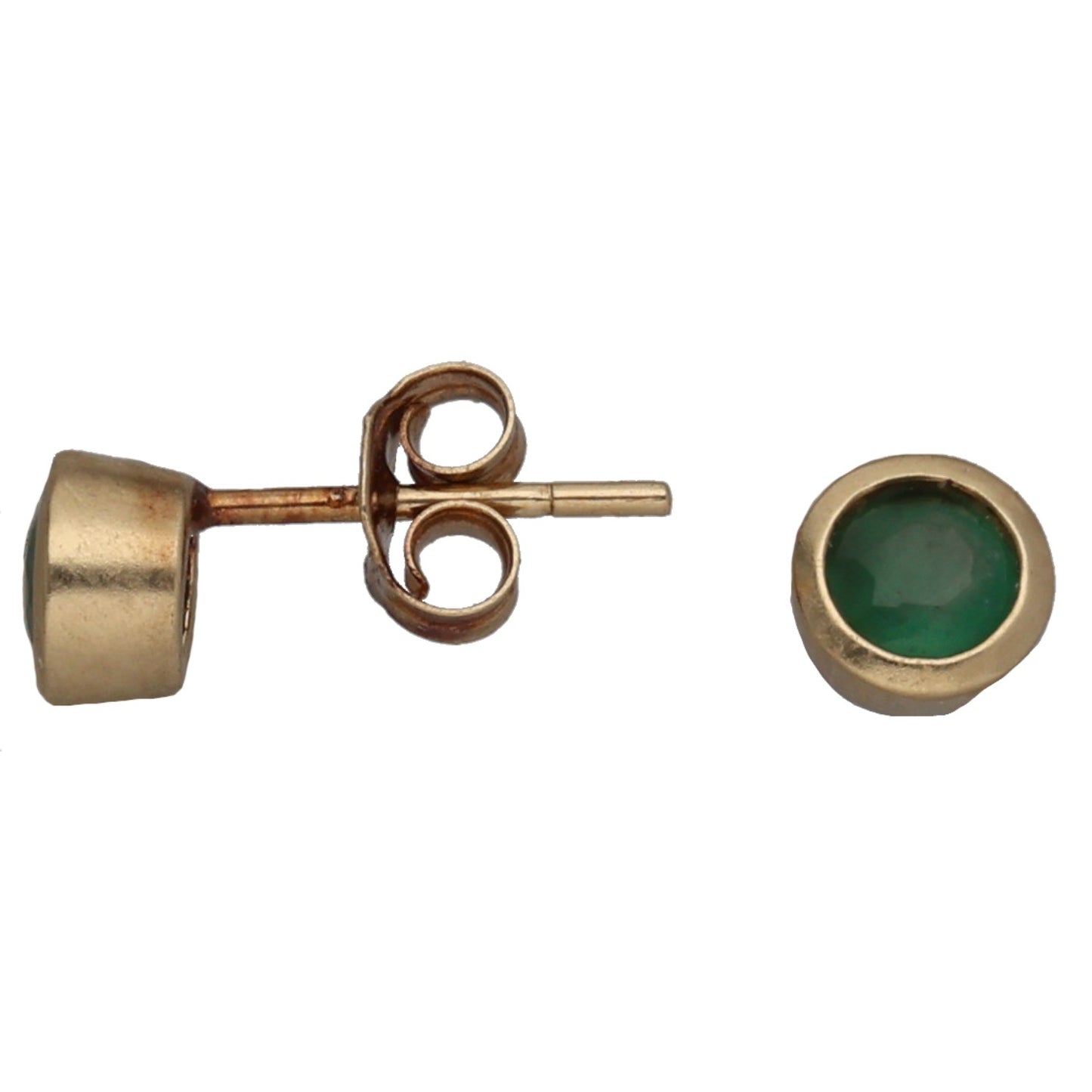 9ct gold emerald stud earrings with round green gemstone bezel and straight posts