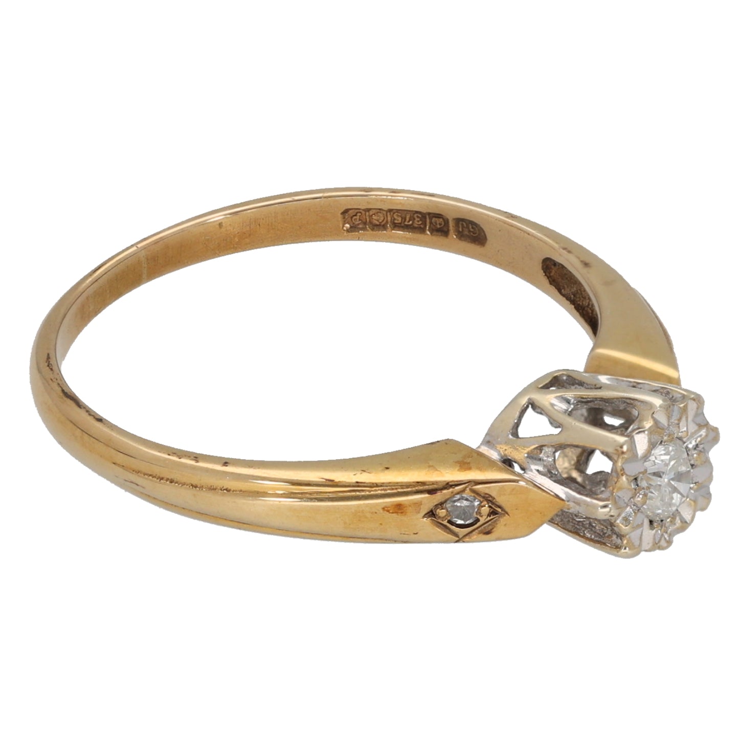 9ct Gold 0.08ct Diamond Solitaire Ring With Accent Stones Size N