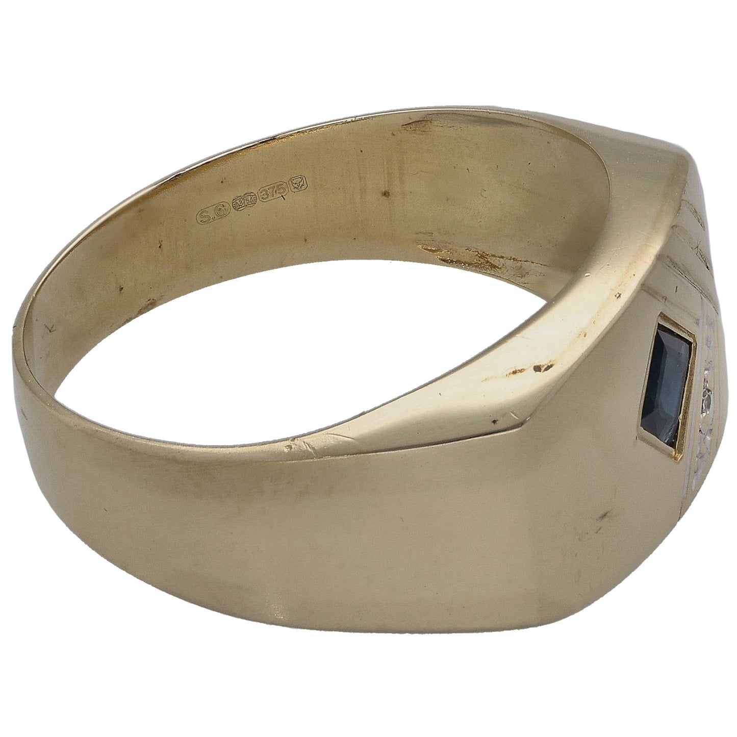 9ct Gold Sapphire & 0.005ct Diamond Patterned Signet Ring Size R