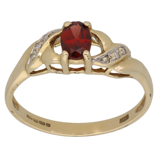 9ct Gold Garnet & 0.03ct Diamond Single Stone Ring with Accent Stones Size P