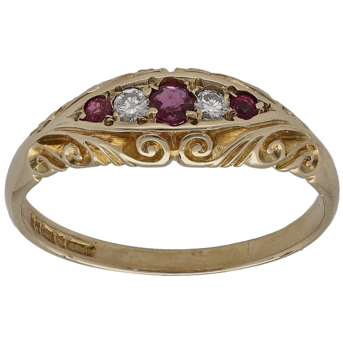 9ct yellow gold half eternity ring with purple rubies and round white diamonds