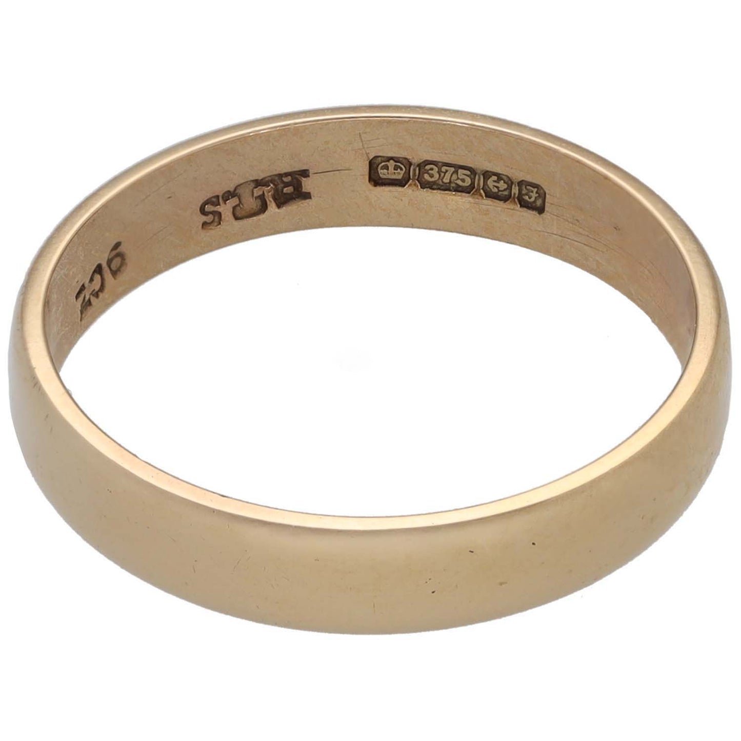 9ct gold plain wedding ring, inside stamp and UK hallmark symbols visible
