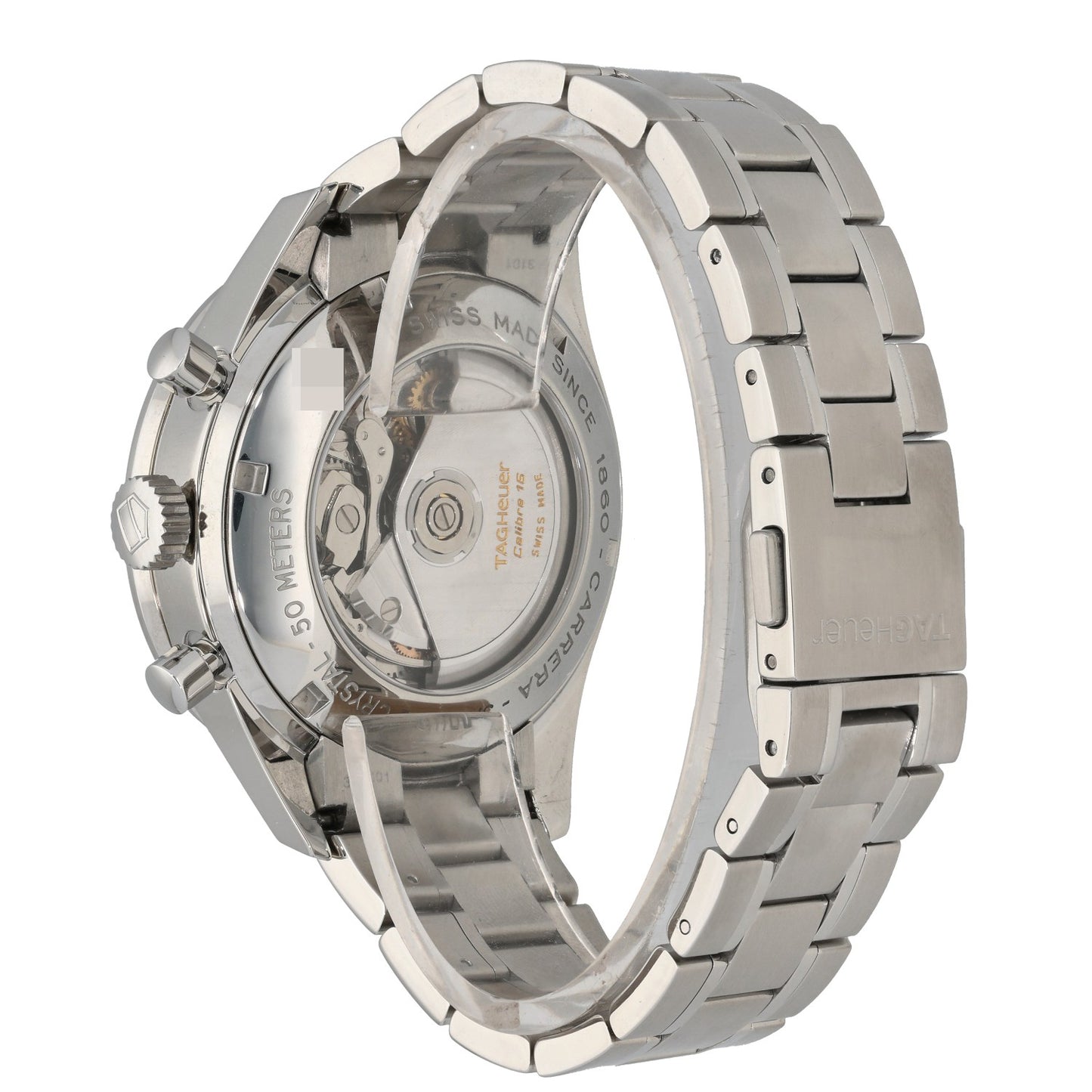 Tag Heuer Carrera CV2013, with a brown dial and bezel showing a tachymeter, rear angle