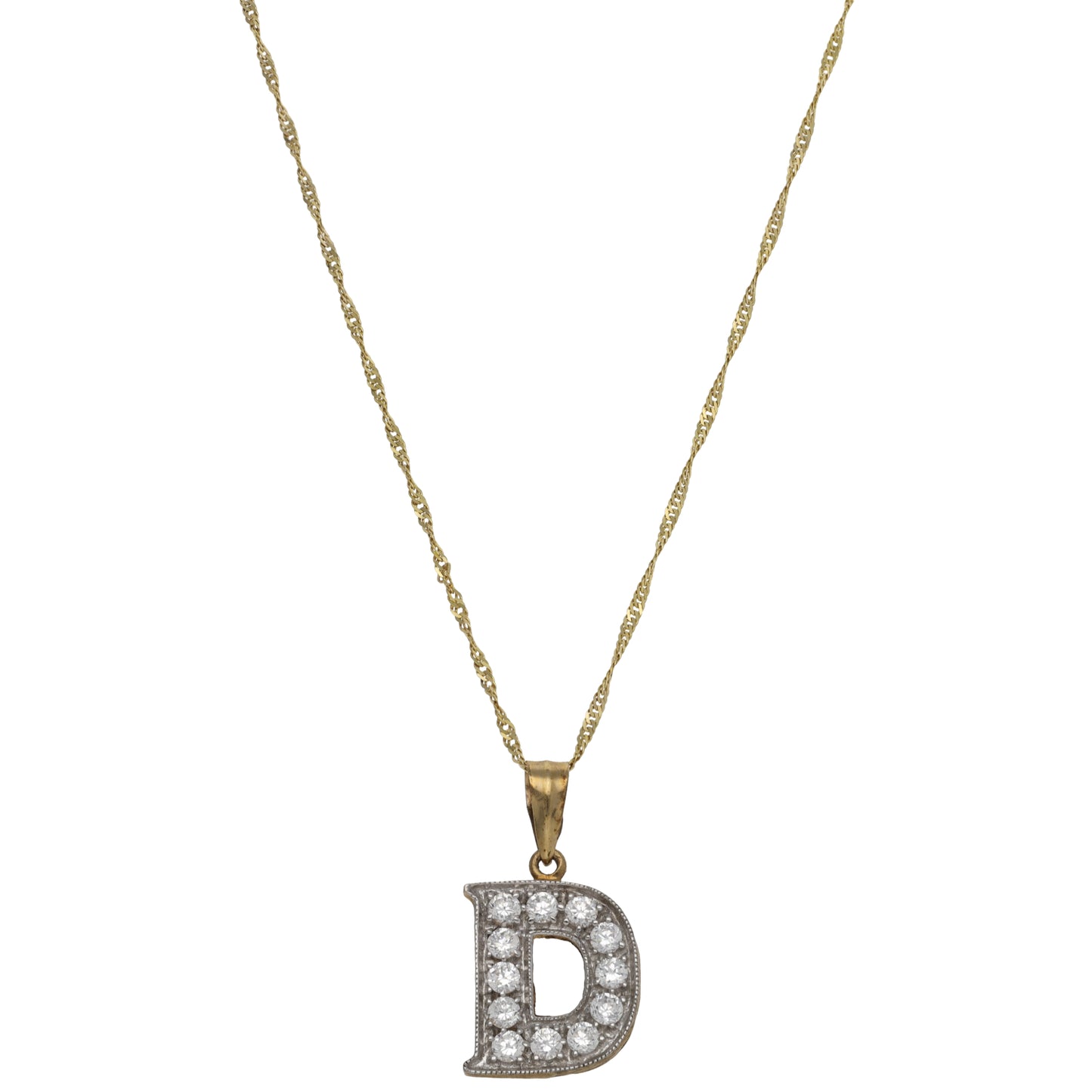 9ct Gold Cubic Zirconia Initial D Pendant With Chain