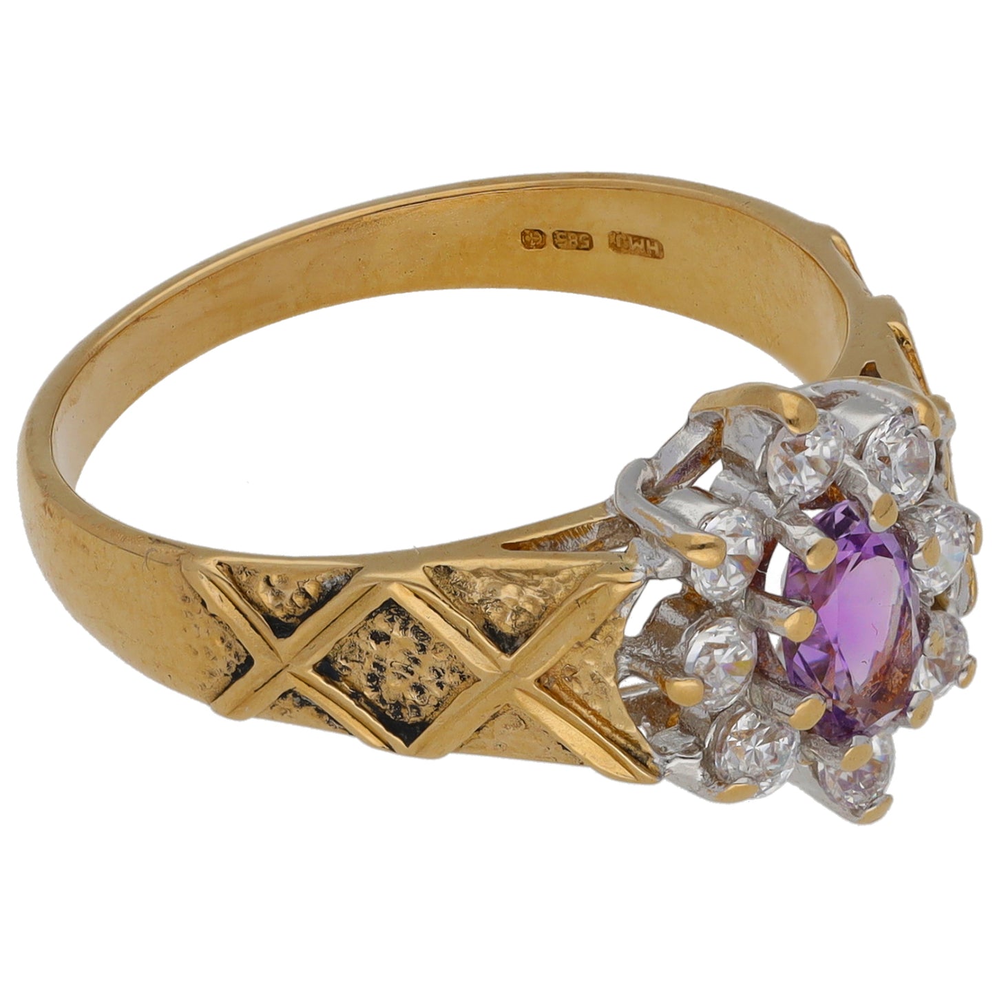 14ct Gold Amethyst & Cubic Zirconia Cluster Ring Size O